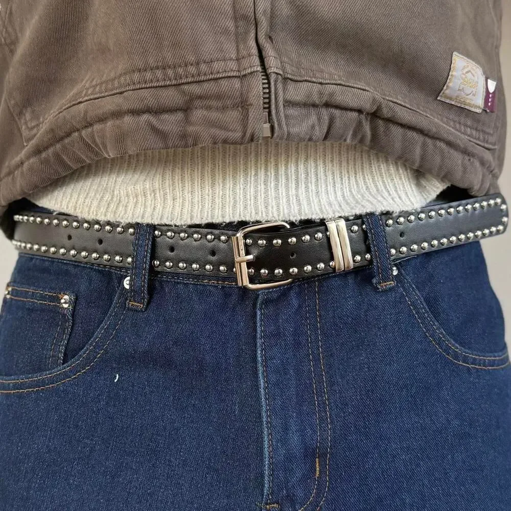 Vintage Silver and Black Studded Belt – Retro Unisex Style, Adjustable, New